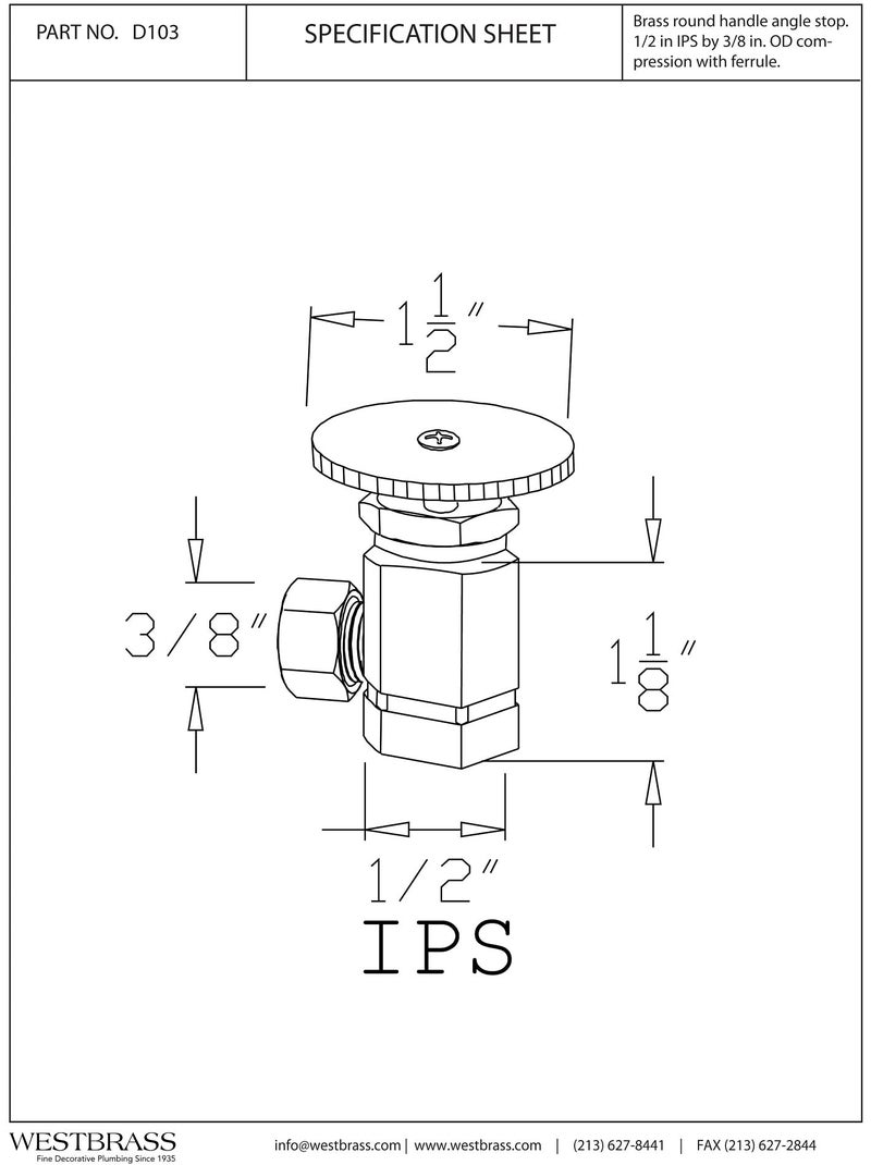 Westbrass D103-62 Round Handle Angle Stop Shut Off Valve, 1/2" IPS Inlet with 3/8" Compression Outlet, Matte Black - Image 2
